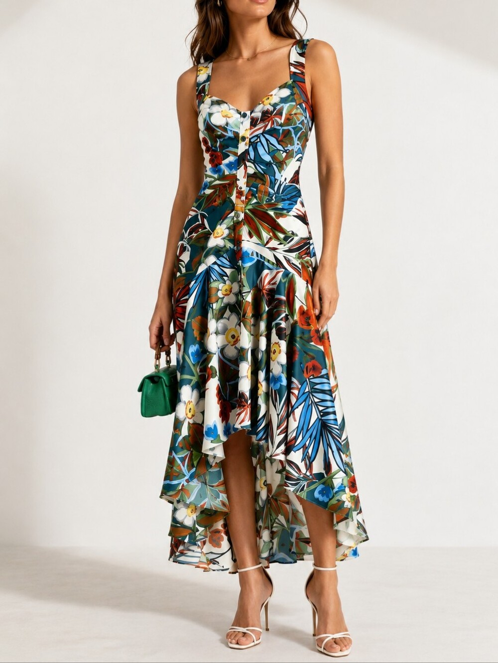 Badgley Mischka Floral High-Low Sundress in White, Blue, Green, Brown